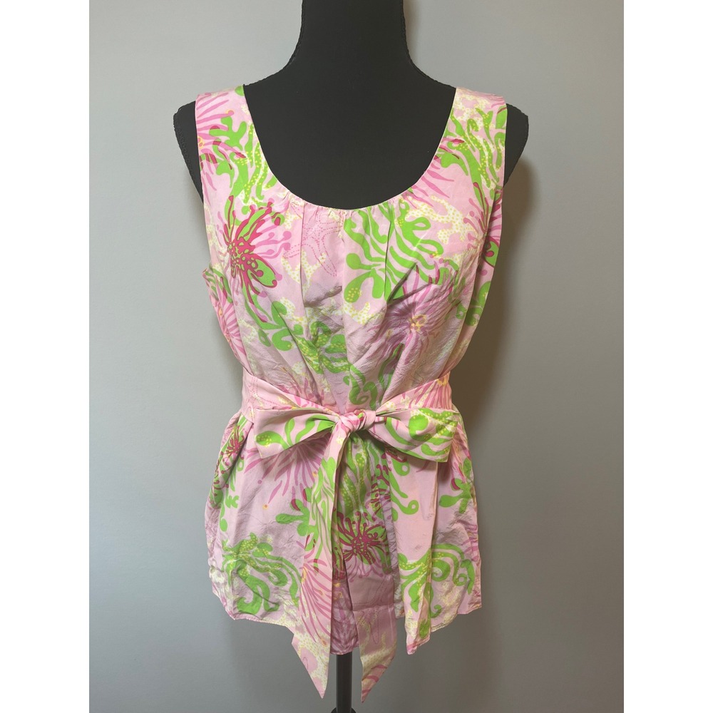 Lilly Pulitzer Cedar Tank Top 100% Silk Pink Green Floral Tie Waist Size 8